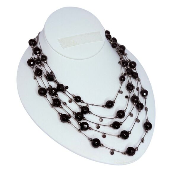Black Glass Beaded Layered Statement Necklace 20" Gunmetal Multi-Strand - Picture 2 of 9
